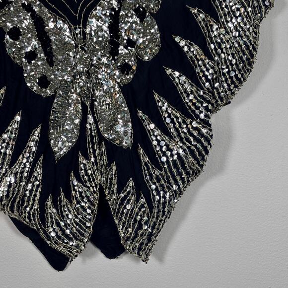 Vintage Silk Butterfly Sequin Top Black & Silver Women’s Size M New Years Eve - Picture 5 of 15